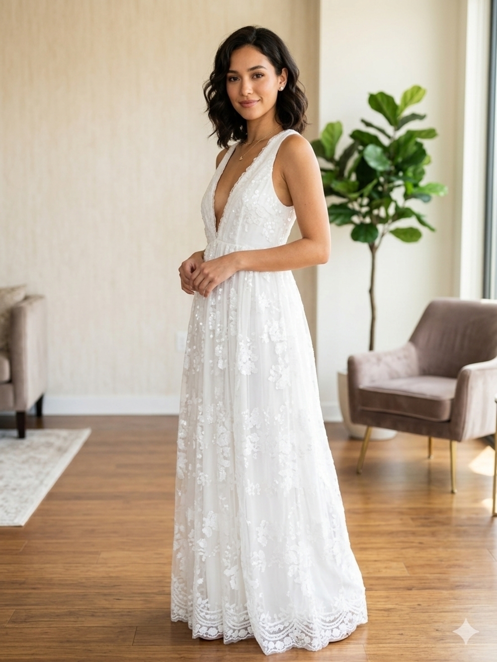 Southern Fried Chics White Lace & Sequins Maxi Dress - Size XS - Boho Wedding/Pr
